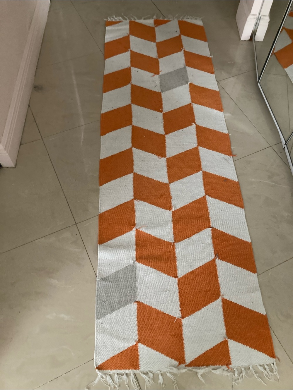 West Elm Orange and White Chevron Runner with Fringe set of 2